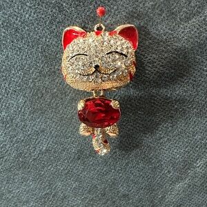 Gold Tone and Red Crystal and Enamle Cat Pendant Charm